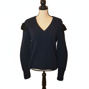 Burberry Sweater Women's Medium M Navy V-Neck Lamb Fur Wool Cashmere Luxury